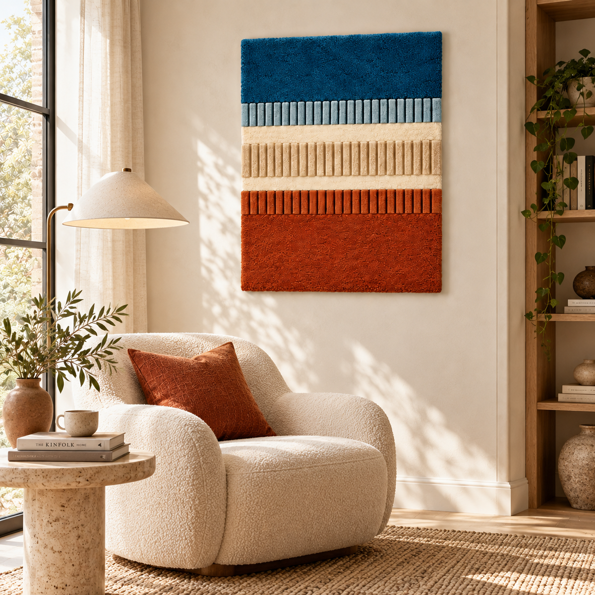 Hewn Earth Tidal Ember Rib Bands wall art featuring abstract, textured ribbed design in warm earthy tones, displayed in a room setting.