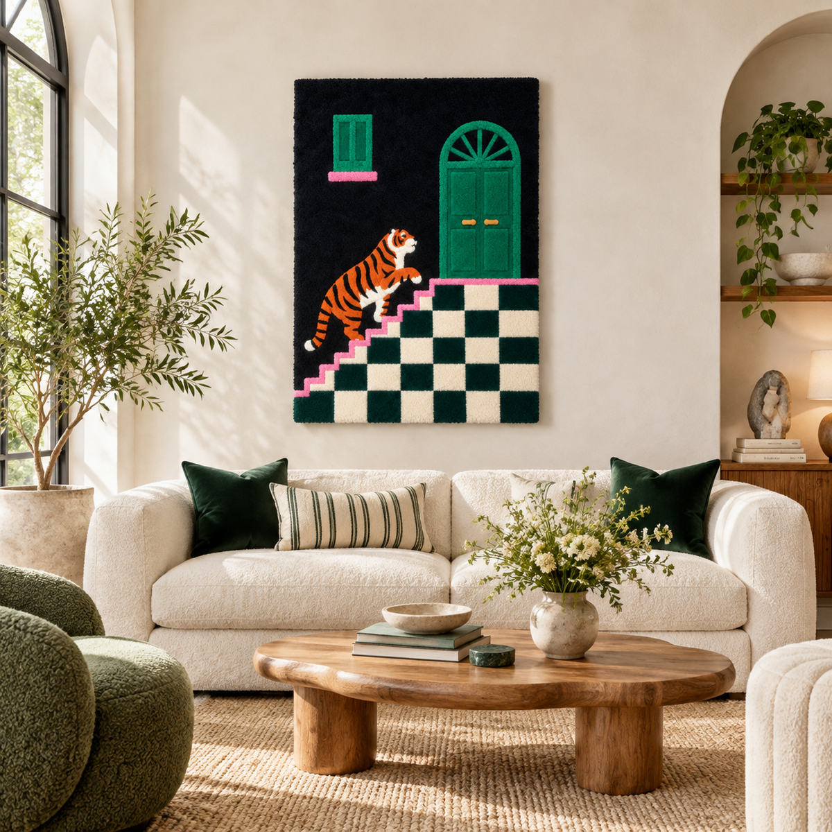 Tiger at the Emerald Door — front-facing room scene