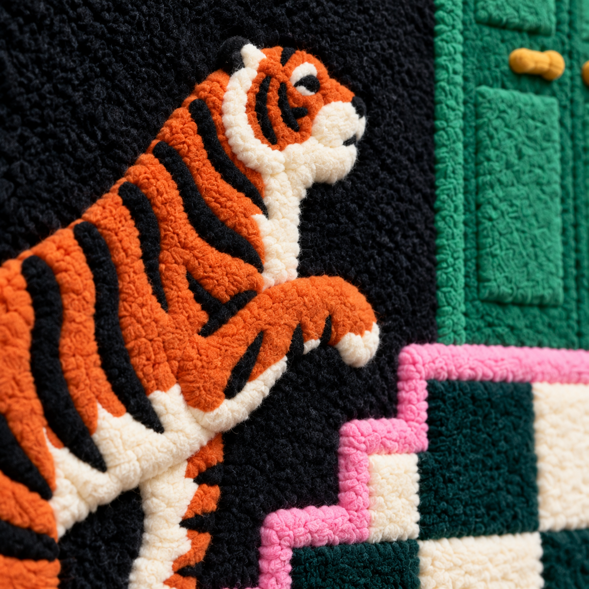 Tiger at the Emerald Door — tufted wool texture detail