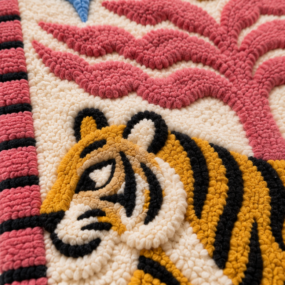 Tiger Beneath the Rose Tree — tufted wool texture detail