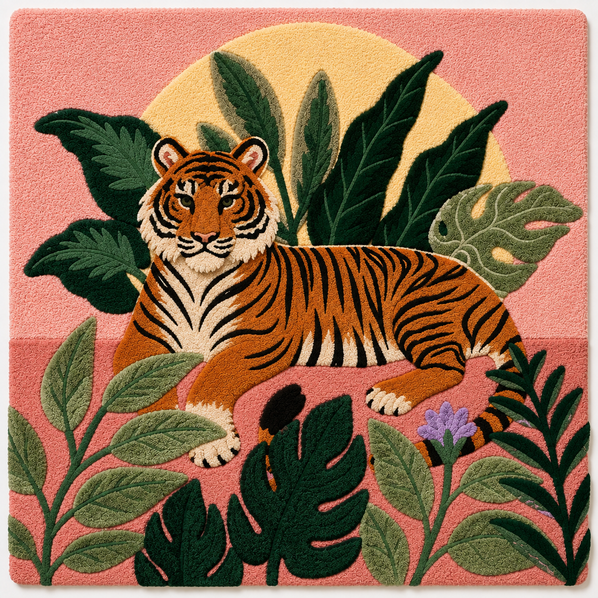 Hewn Earth wall art featuring a majestic tiger in a vibrant rose garden, detailed illustration for home decor.