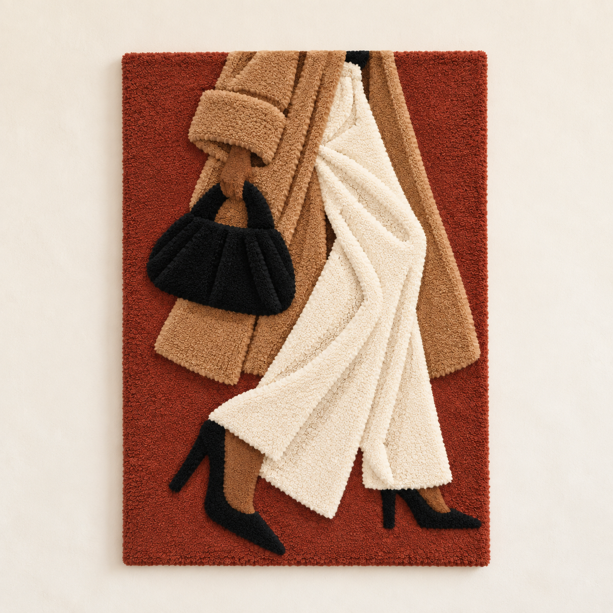 Hewn Earth wall art featuring a trench coat in motion, with dynamic lighting and abstract background for modern home decor.
