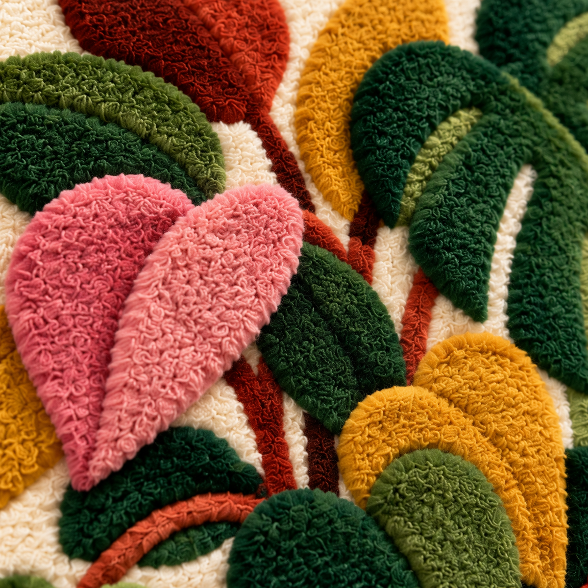Tropical Leaves and Lemon Bowl — tufted wool texture detail
