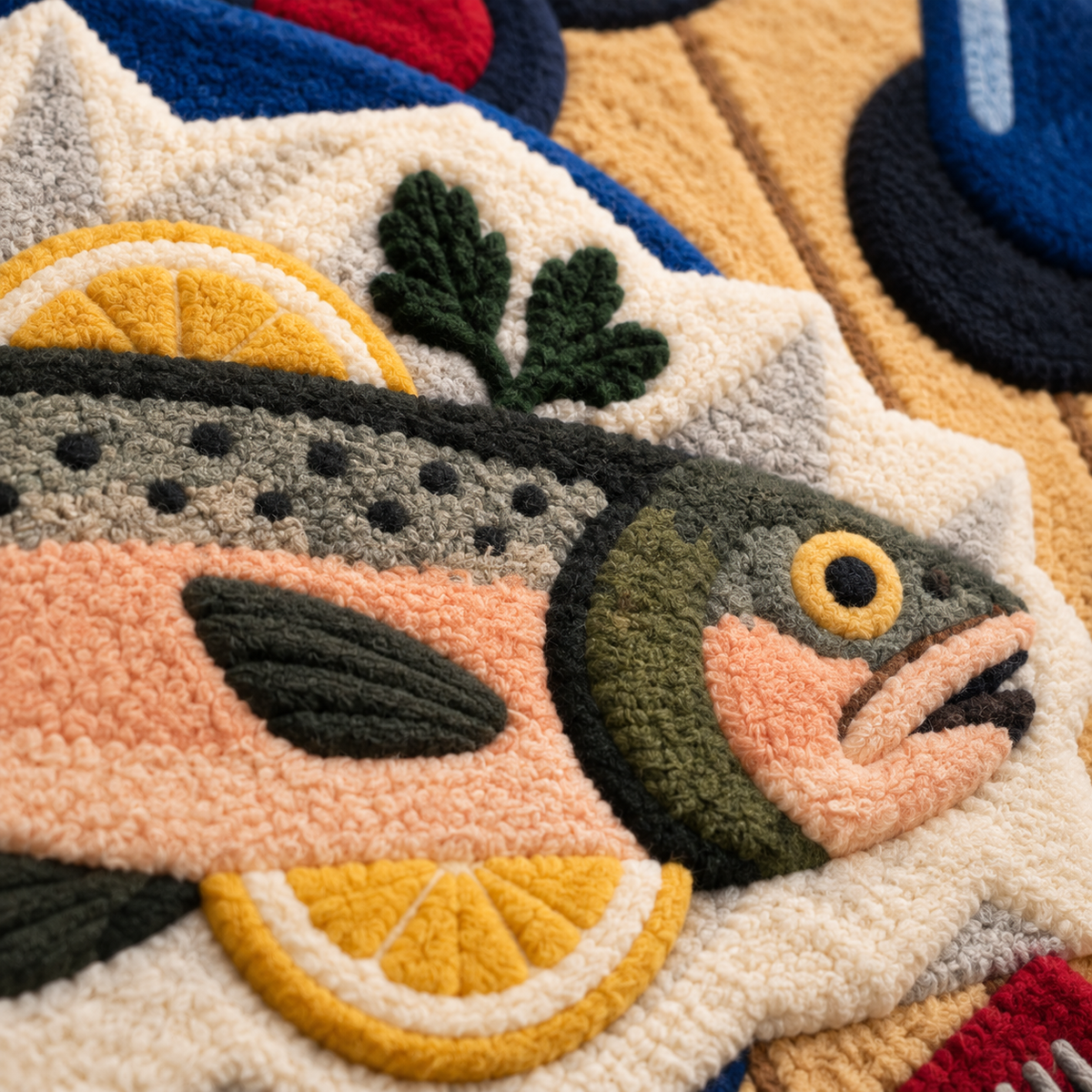 Trout at the Supper Table — tufted wool texture detail