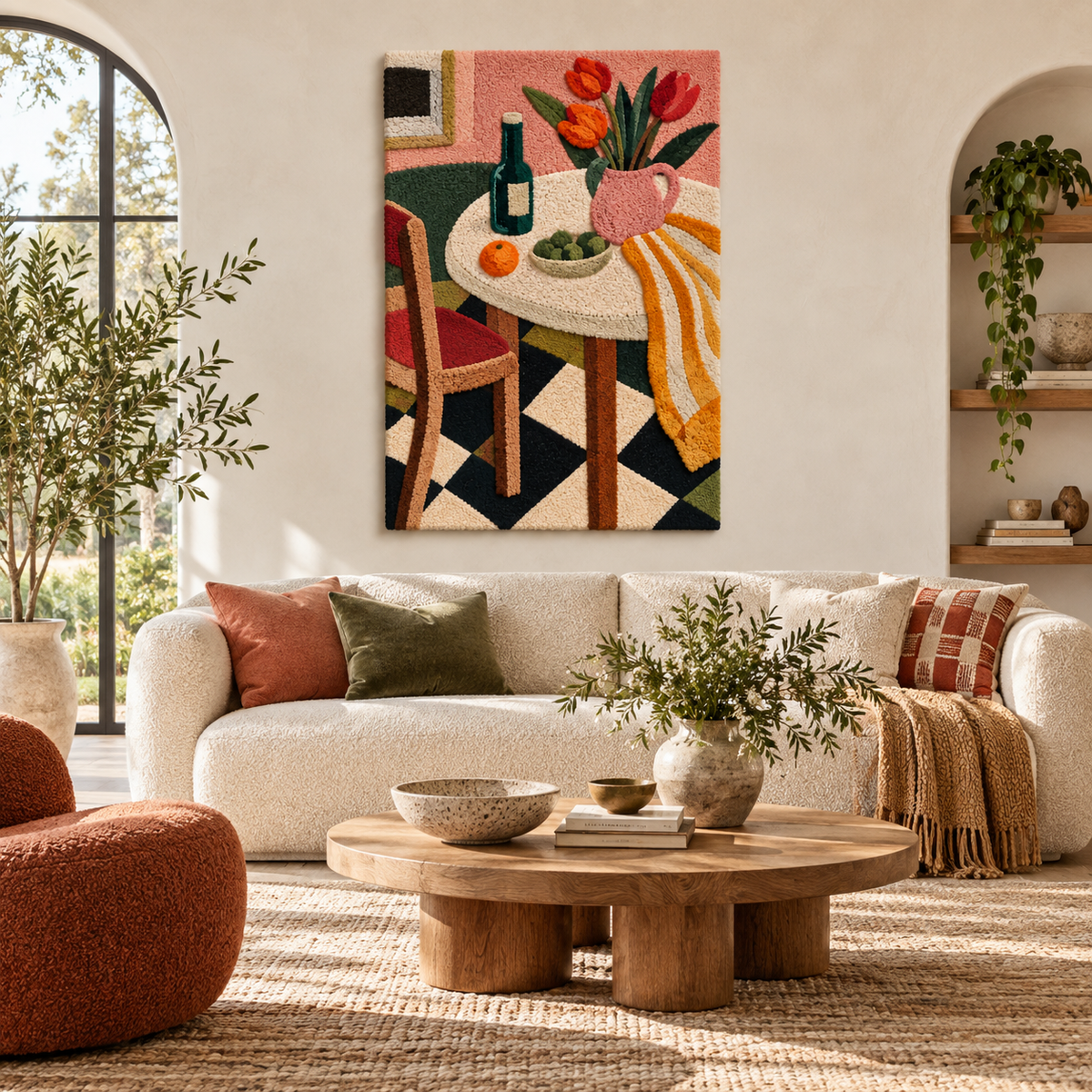 Tulips and Olives at Noon — front-facing room scene