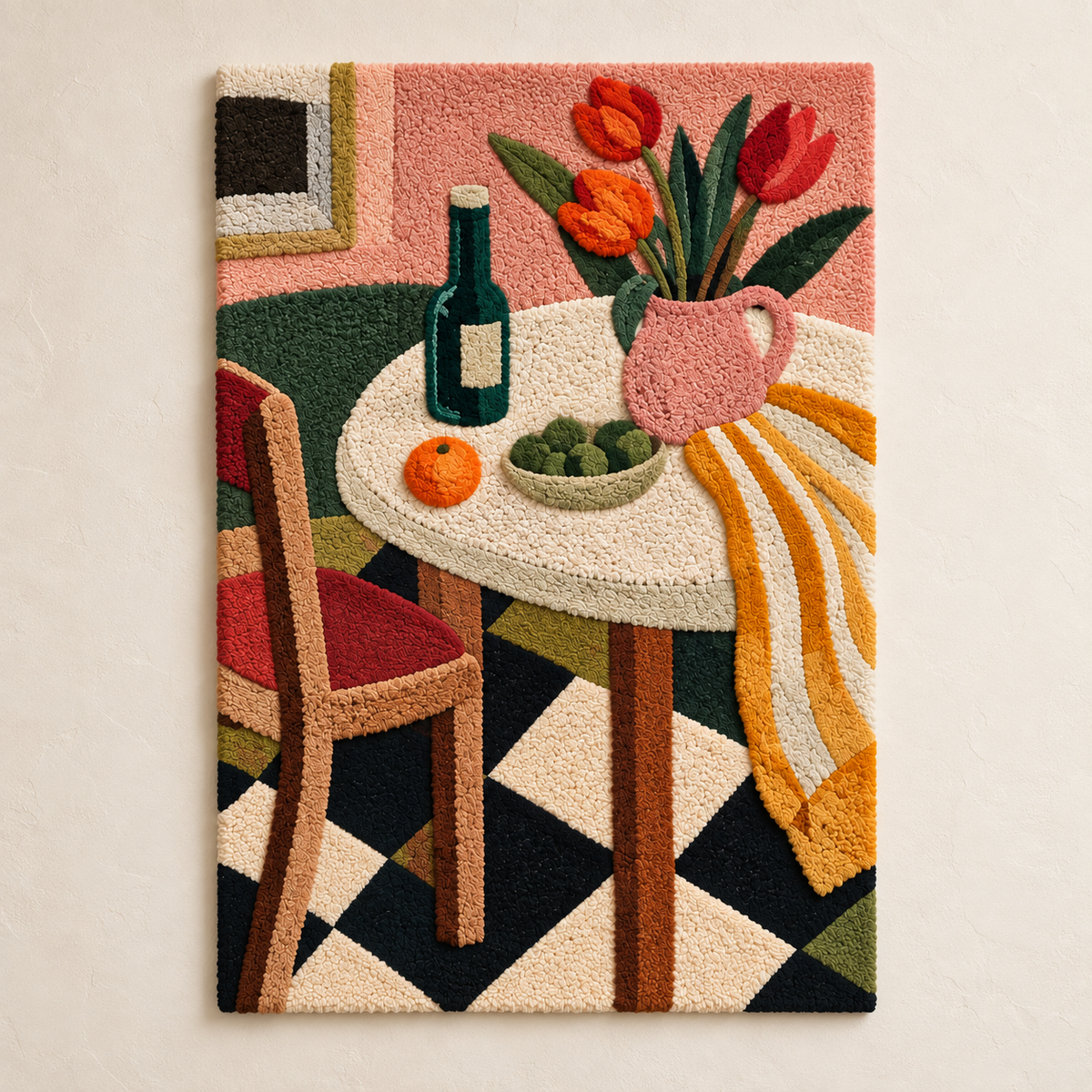 Hewn Earth wall art featuring vibrant tulips and olives at noon, showcasing colorful floral and fruit details on a light background.