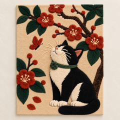 Tuxedo Cat Beneath Red Blossoms