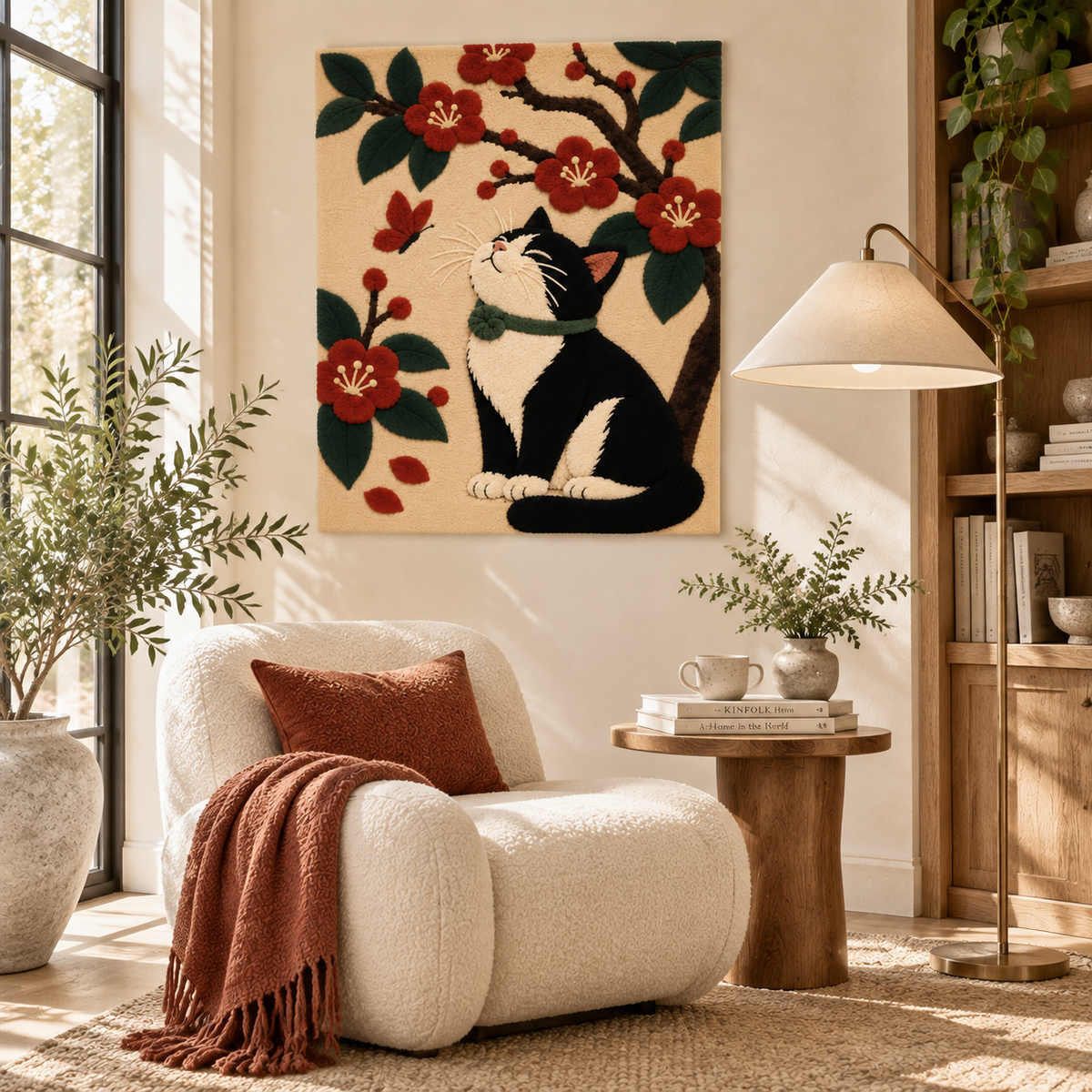 Tuxedo cat wall art by Hewn Earth featuring a black and white cat beneath vibrant red blossoms in a room scene.