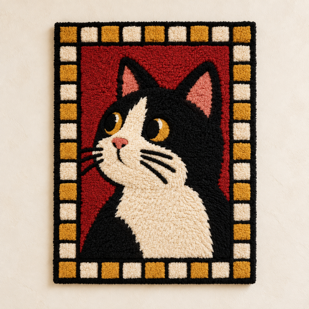Tuxedo cat wall art with golden checkered background, featuring a black and white tuxedo cat in a stylish, artistic design.