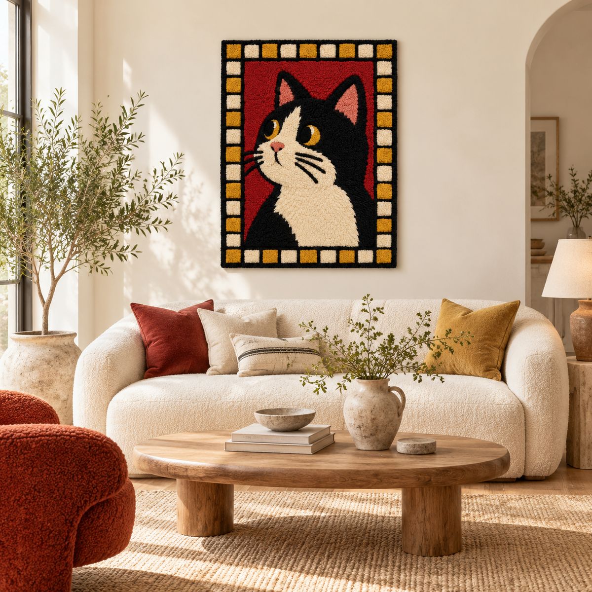 Tuxedo cat wall art with golden checkered background, designed by Hewn Earth, showcasing a stylish black and white feline.