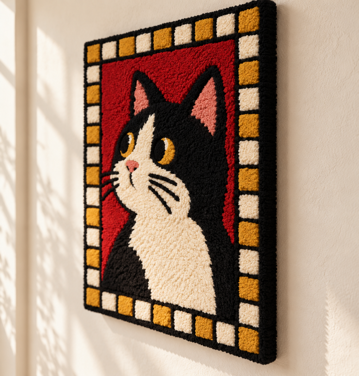 Hewn Earth wall art featuring a tuxedo cat with golden checkered background, showcasing detailed black and white feline illustration.