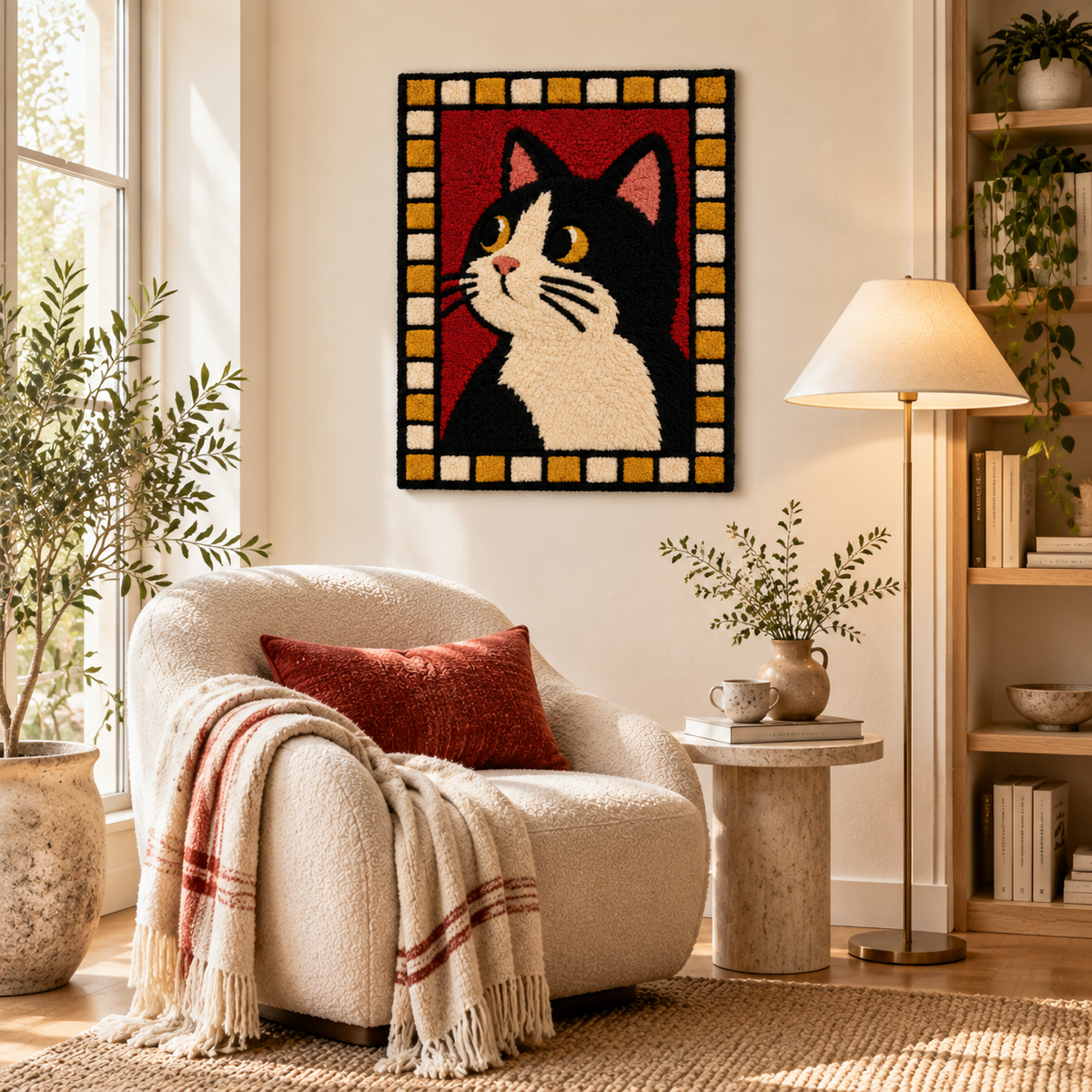 Wall art featuring a tuxedo cat with golden checkered pattern, displayed in a cozy room scene by Hewn Earth.