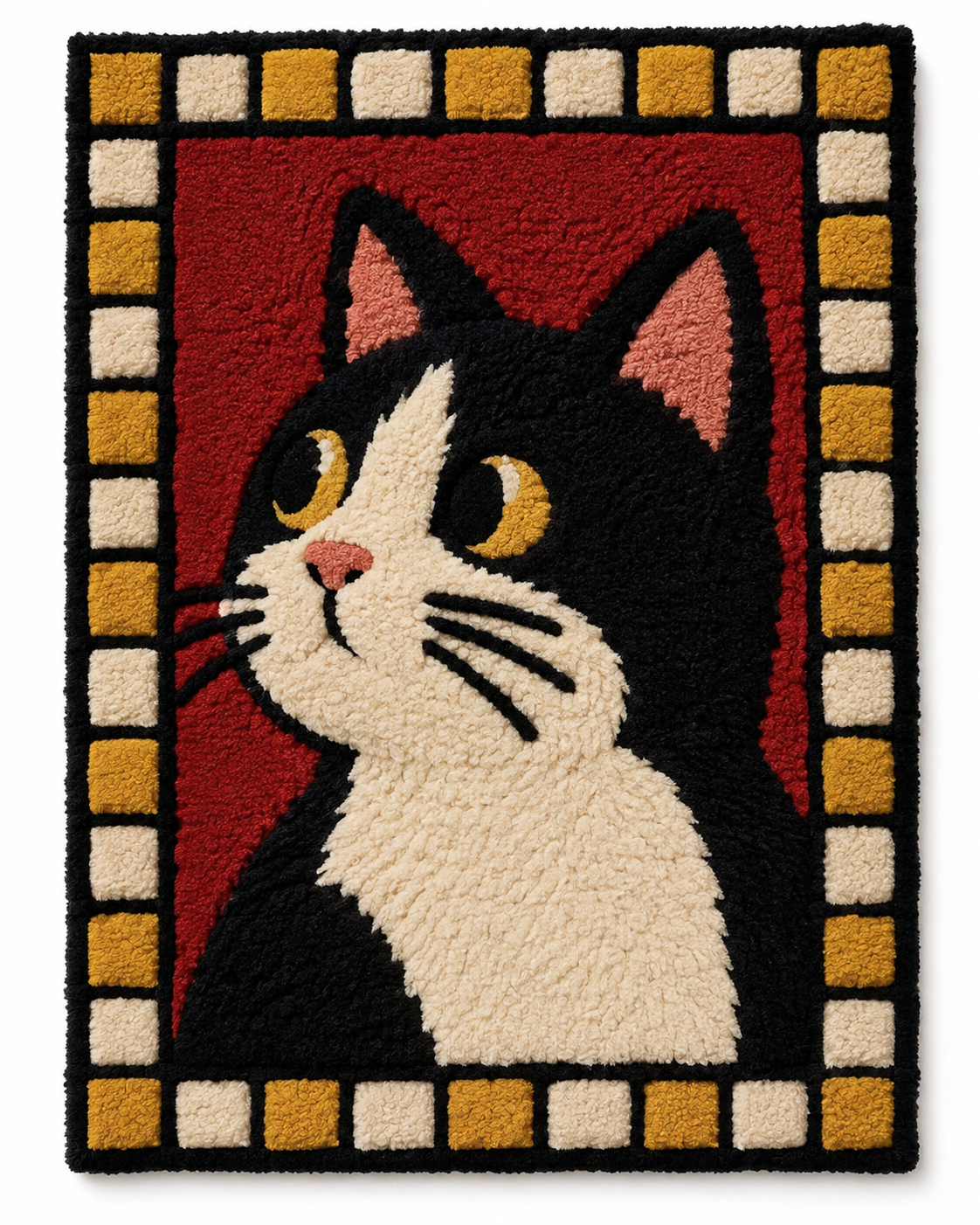 Wall art featuring a tuxedo cat in golden checkered pattern by Hewn Earth, showcasing a stylish feline illustration.
