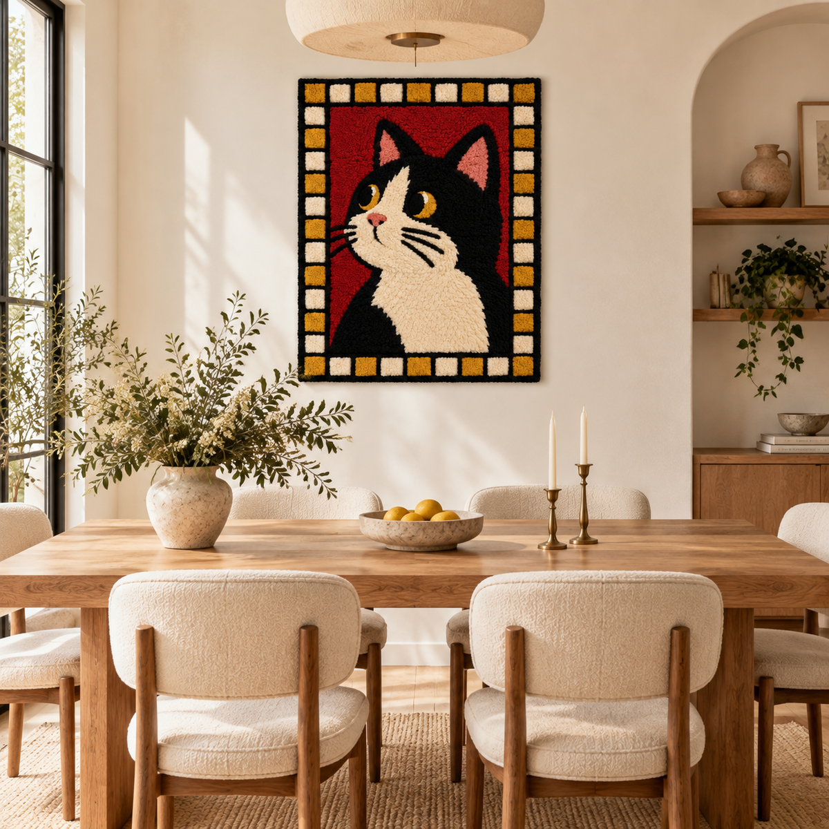 Wall art featuring a tuxedo cat in golden checkered pattern by Hewn Earth, displayed in a cozy room scene.