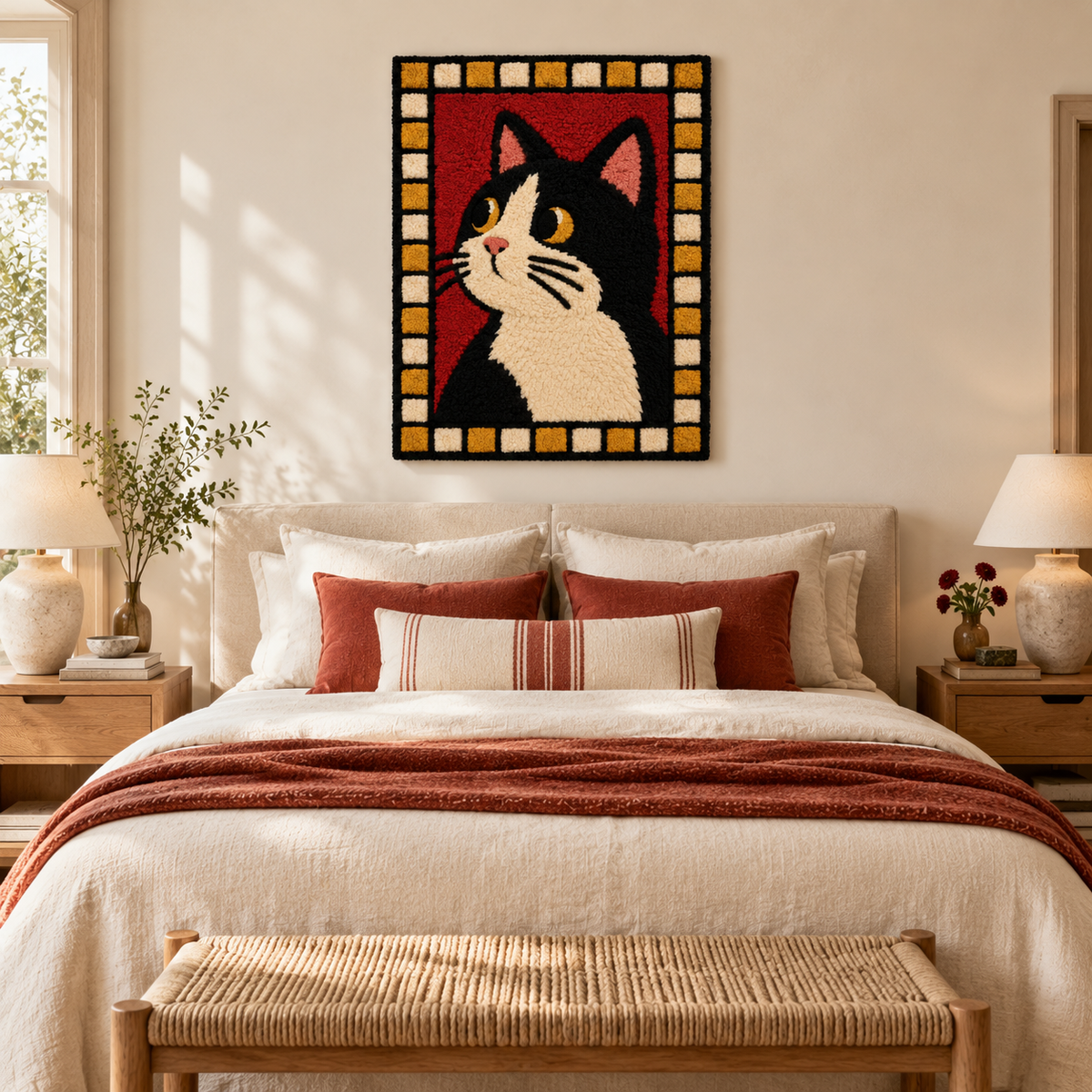 Wall art featuring a tuxedo cat in golden checks, displayed in a cozy room scene, by Hewn Earth.