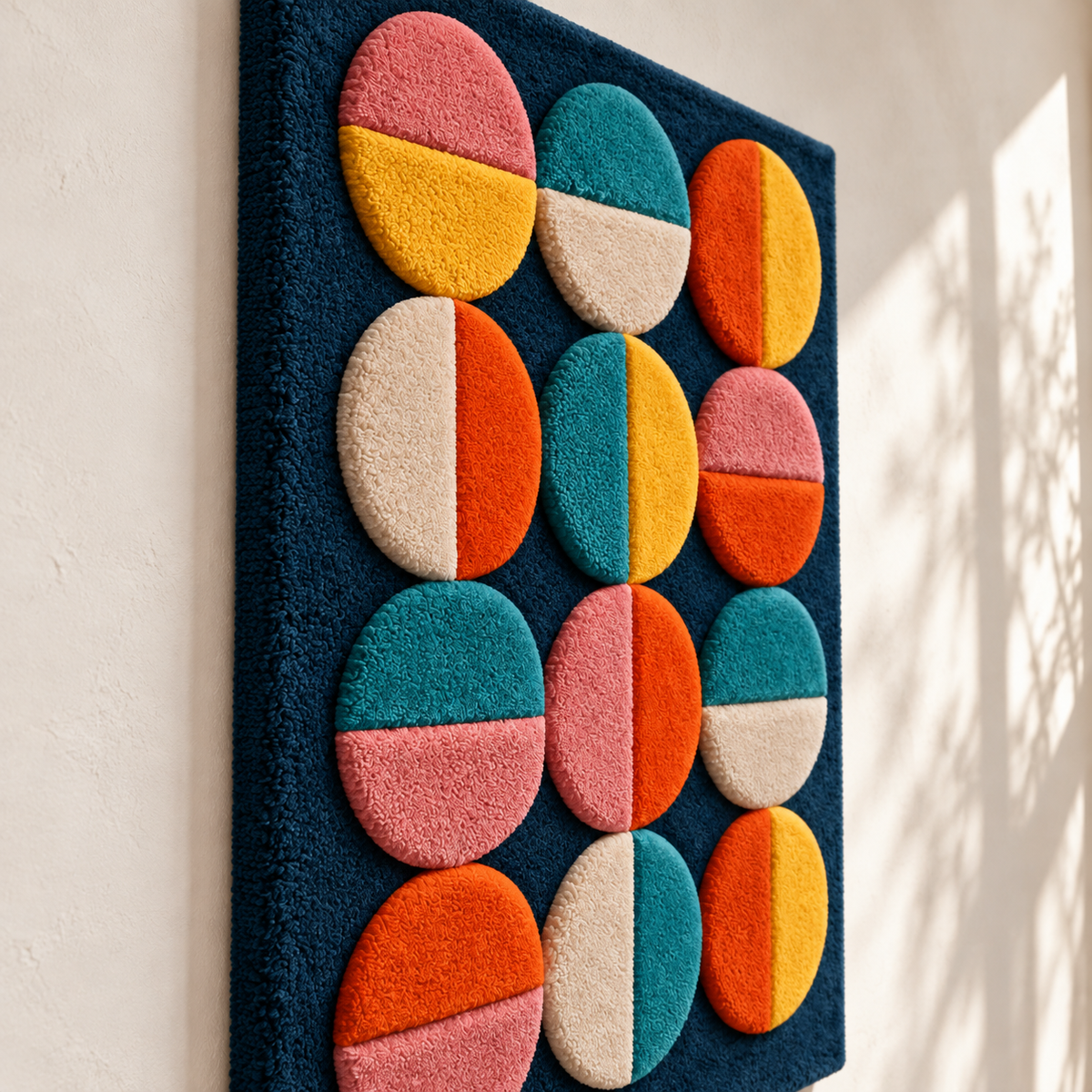 Hewn Earth Twelve Split-Color Discs wall art featuring twelve vibrant, split-color circular discs arranged in a modern geometric design.