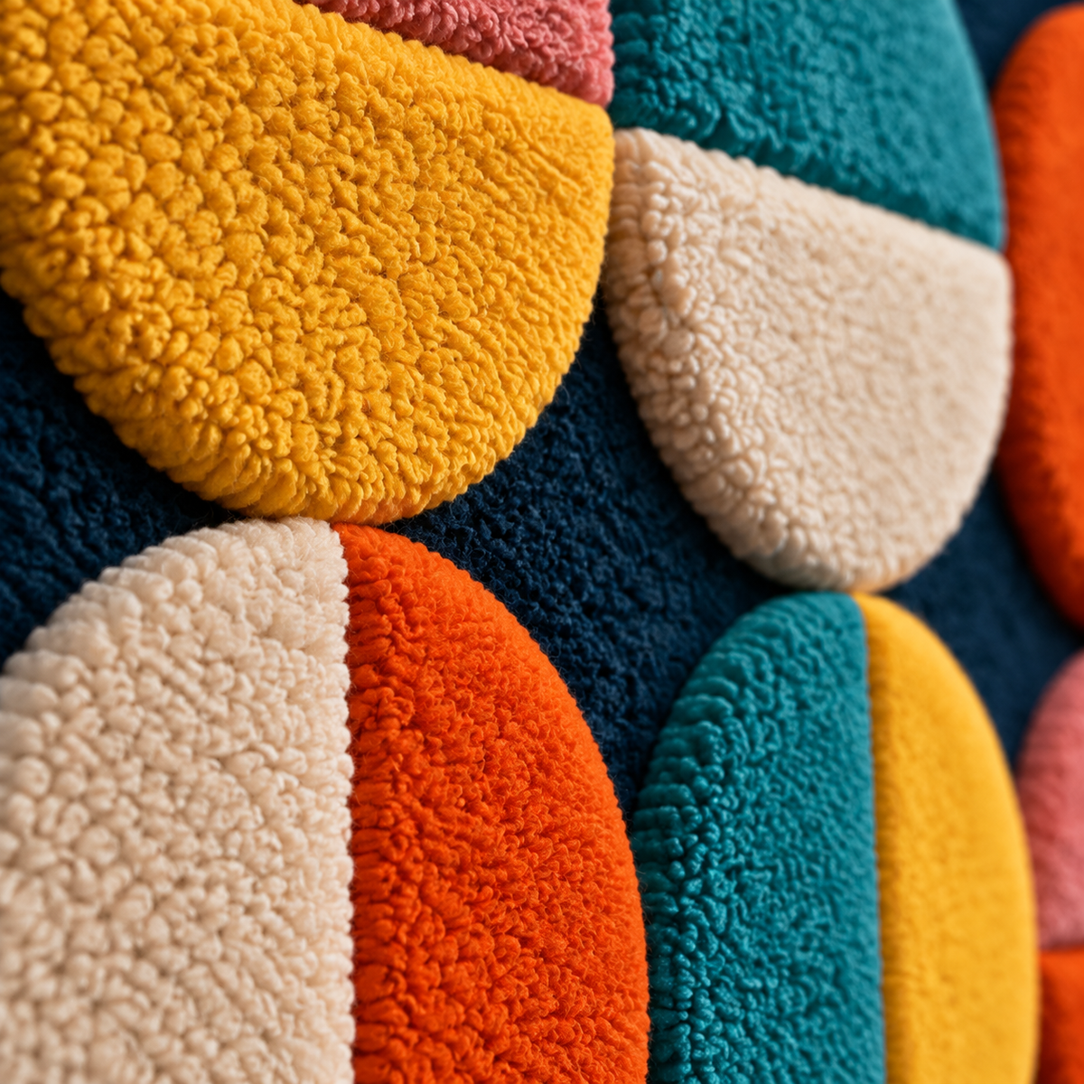 Close-up of Hewn Earth Twelve Split-Color Discs wall art showcasing vibrant, split-color ceramic discs arranged in an artistic pattern.