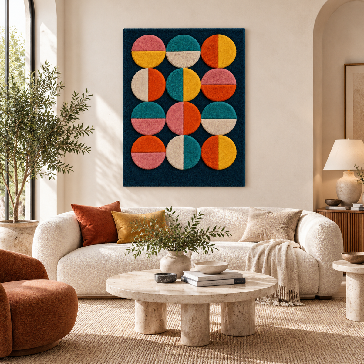 Hewn Earth Twelve Split-Color Discs wall art displayed in a room, featuring vibrant, overlapping circular designs on a neutral wall.