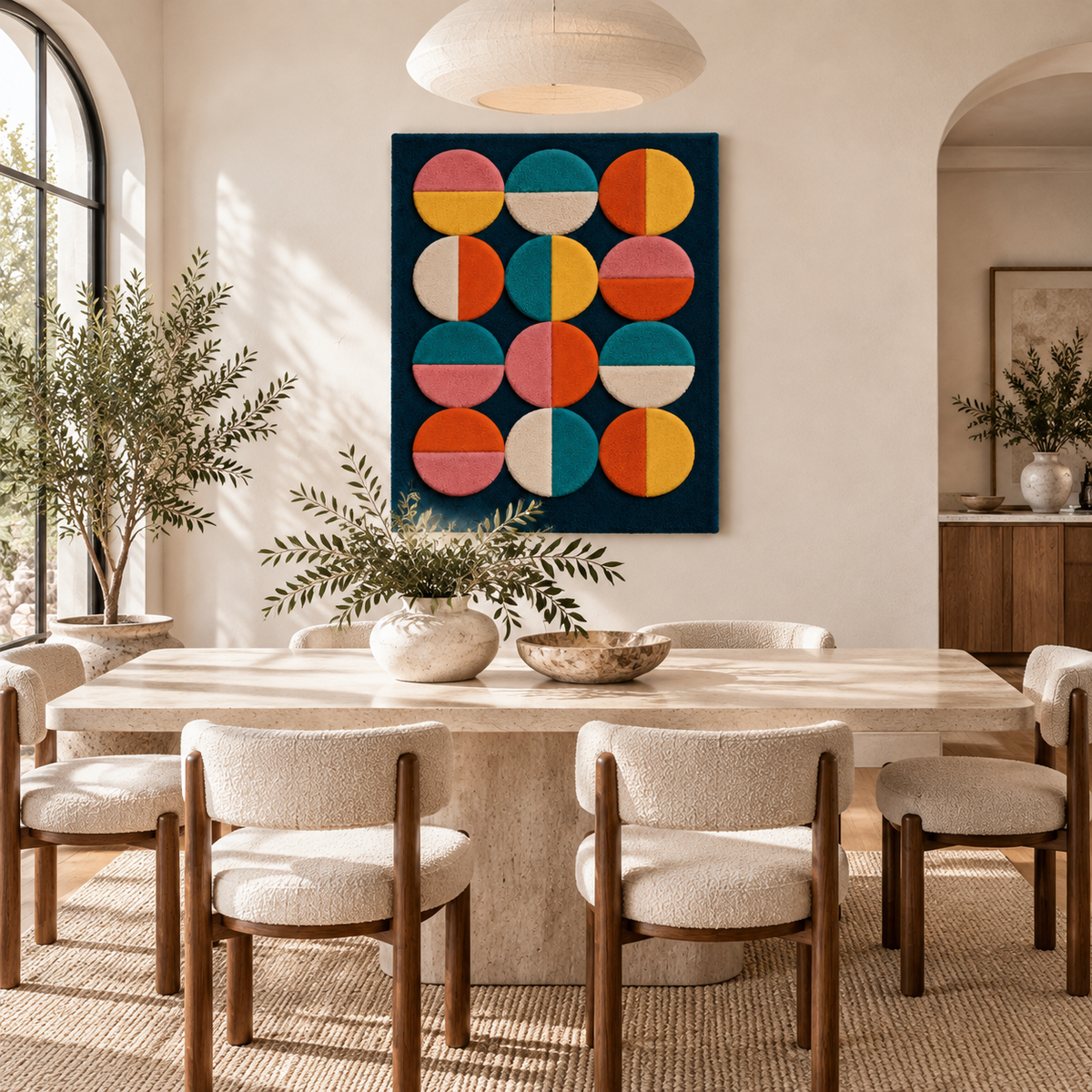 Hewn Earth Twelve Split-Color Discs wall art featuring twelve vibrant, overlapping circular discs arranged decoratively on a wall.