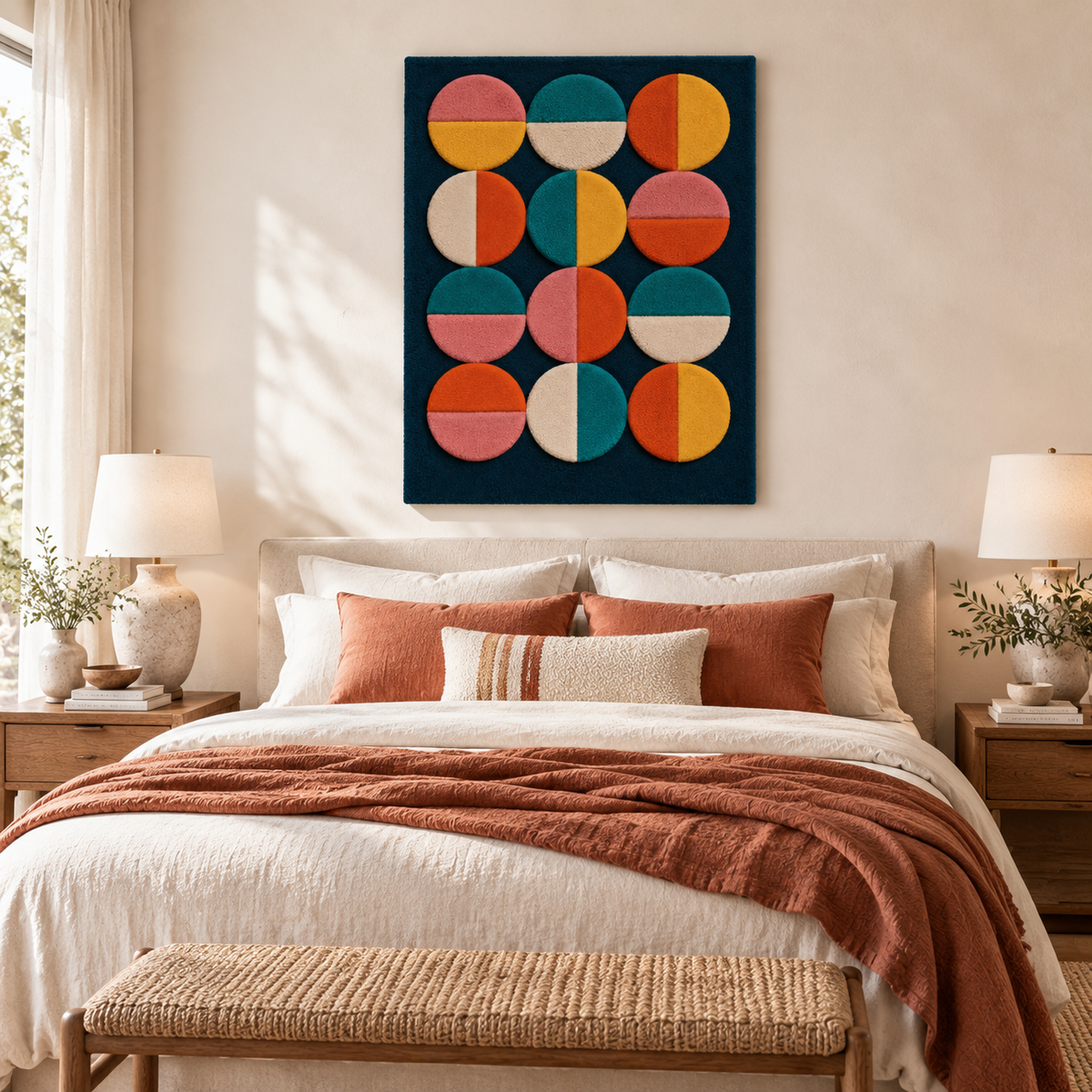 Hewn Earth Twelve Split-Color Discs wall art featuring twelve vibrant, circular discs arranged on a neutral wall background.