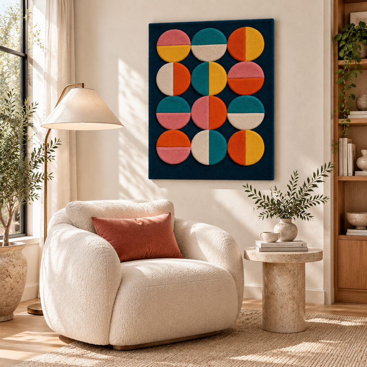 Set of twelve Split-Color Discs wall art by Hewn Earth featuring vibrant, geometric wall decor in various split-color designs.