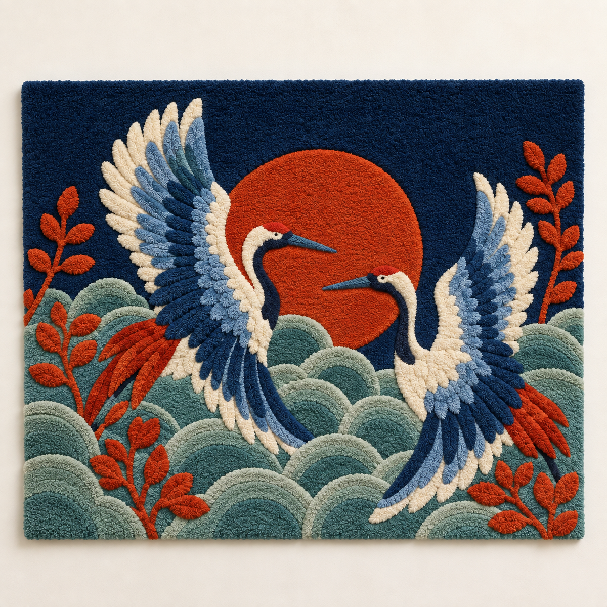 Hewn Earth Twin Cranes Cloud Dance wall art featuring two cranes in flight against a cloudy sky, vibrant and artistic home decor piece.