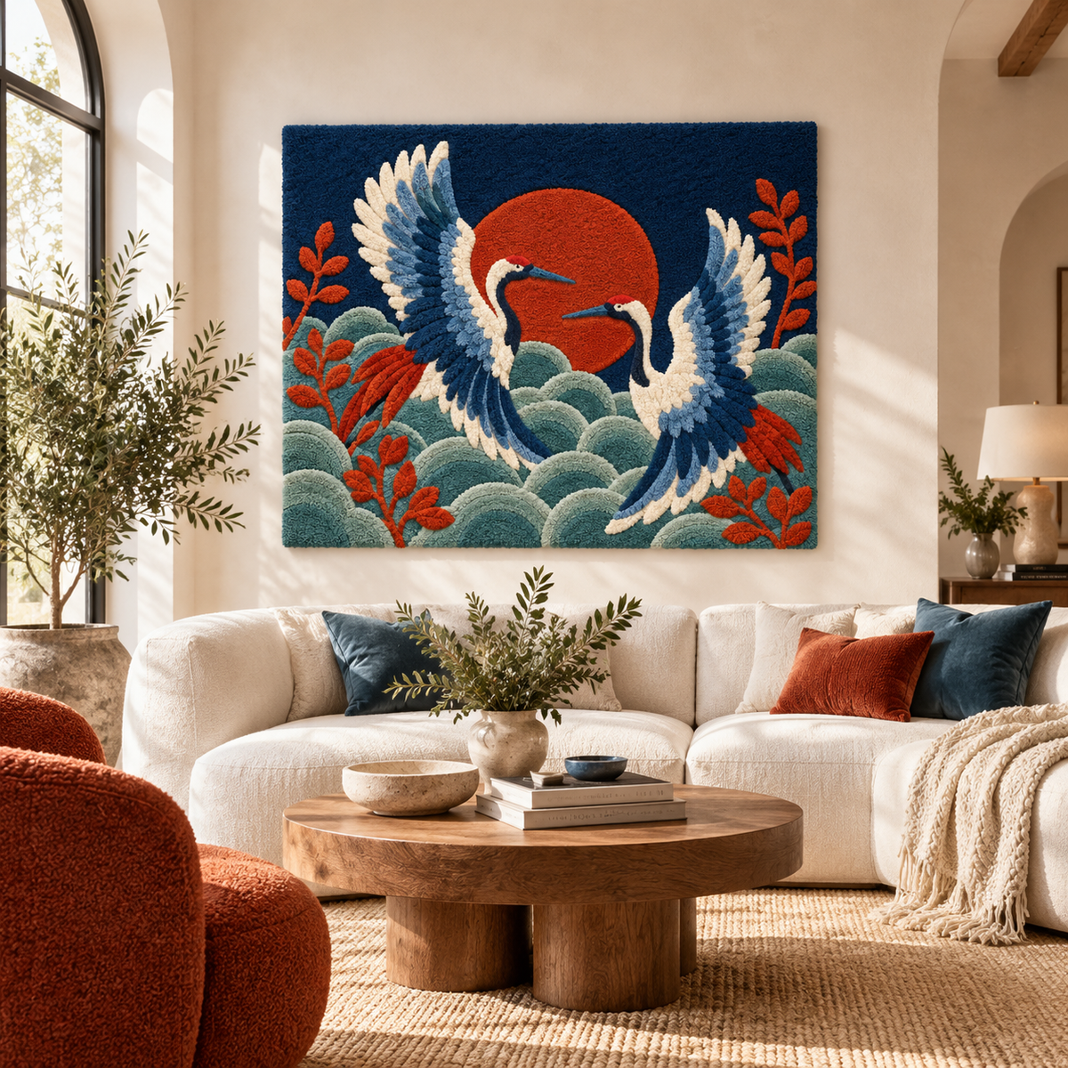 Hewn Earth Twin Cranes Cloud Dance wall art featuring two cranes flying amidst clouds, ideal for elegant home decor.