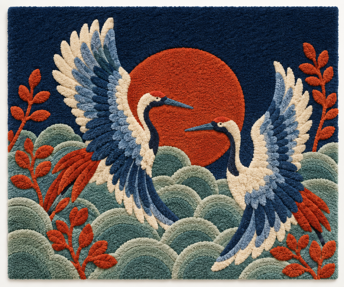 Hewn Earth Twin Cranes Cloud Dance wall art featuring two cranes soaring amidst clouds, vibrant and detailed nature-inspired wall decor