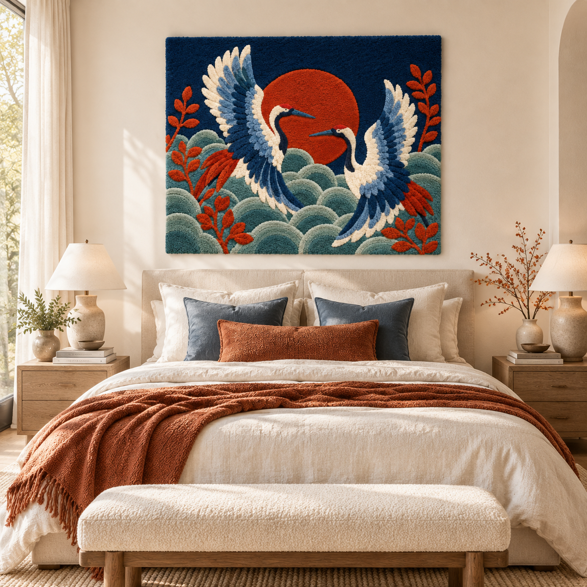 Hewn Earth Twin Cranes Cloud Dance wall art featuring two cranes soaring among clouds in a serene room scene.