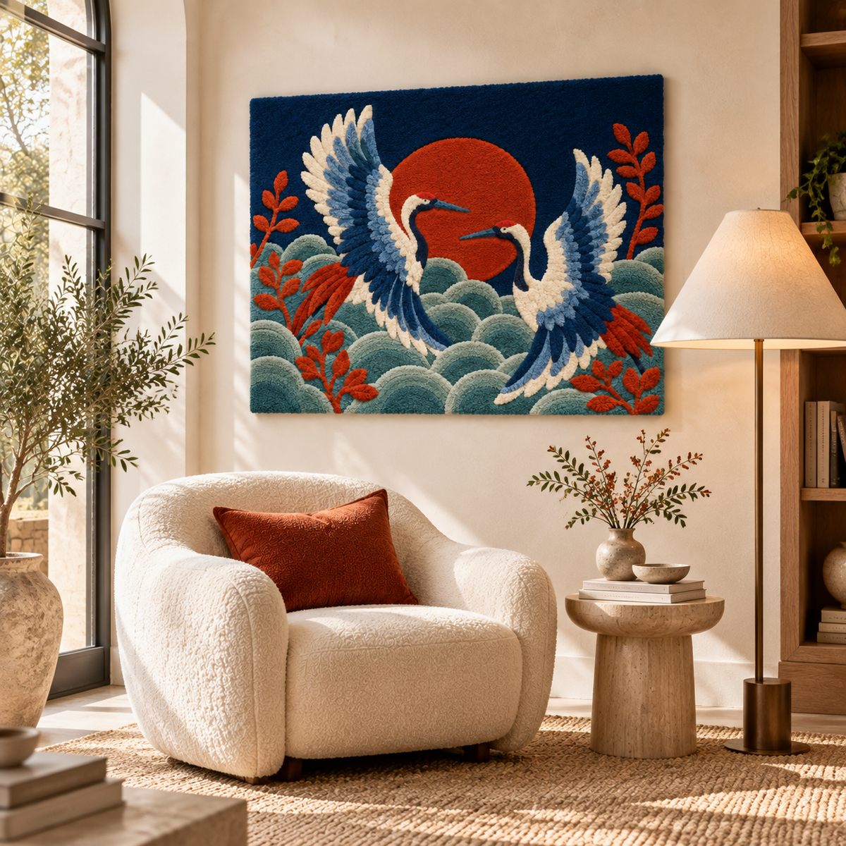 Hewn Earth Twin Cranes Cloud Dance wall art featuring two cranes in a serene cloud scene, ideal for modern home decor.