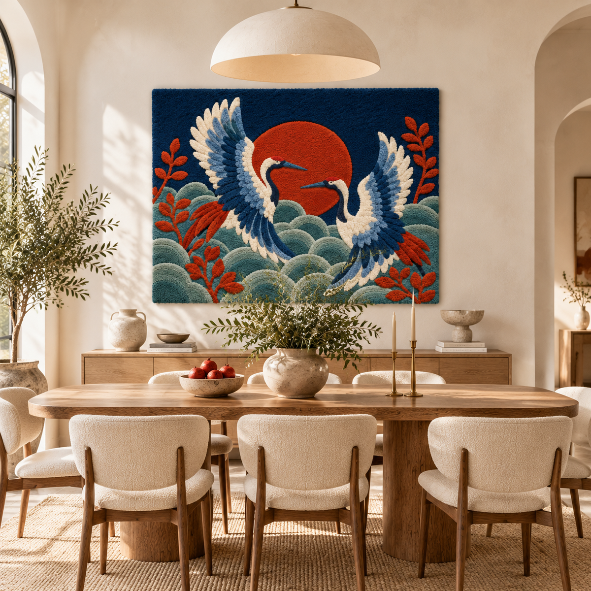 Hewn Earth Twin Cranes Cloud Dance wall art featuring two elegant cranes amidst clouds in a serene room scene.