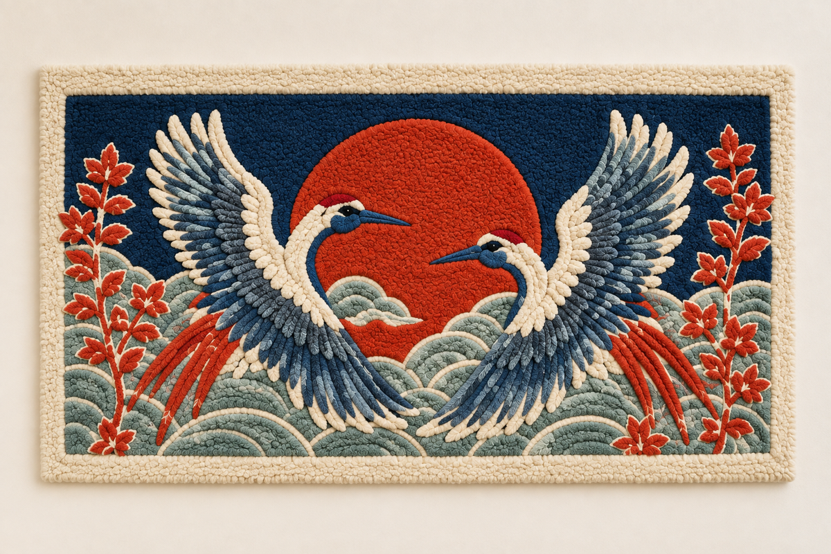 Hewn Earth Twin Cranes Vermilion Horizon wall art, featuring two cranes silhouetted against a vibrant sunset sky.
