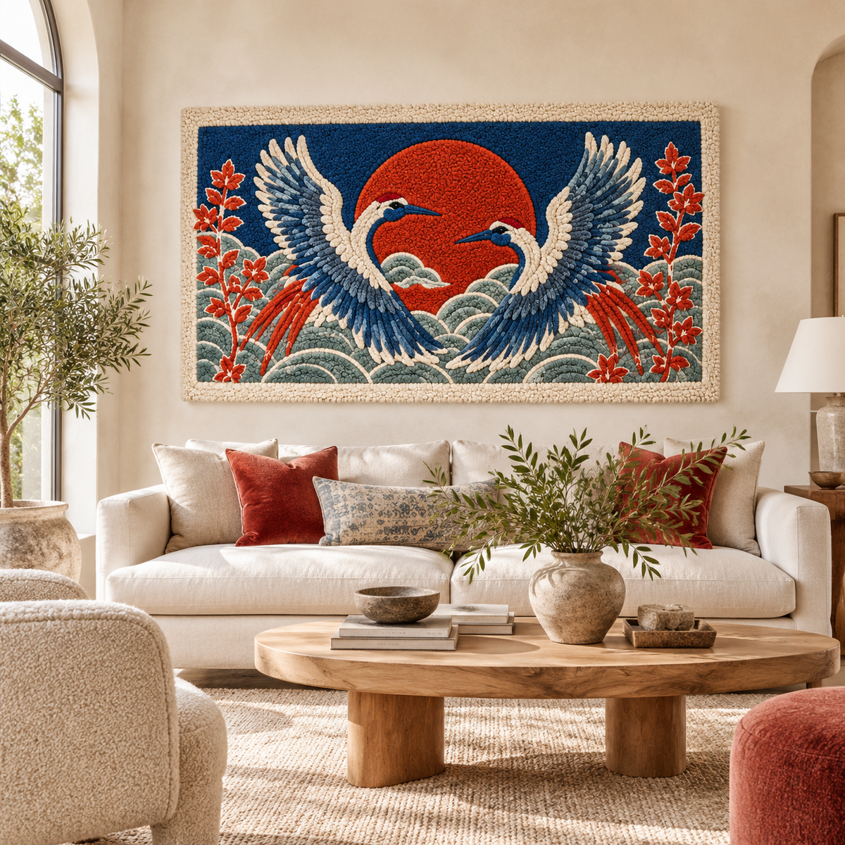 Hewn Earth Twin Cranes Vermilion Horizon wall art featuring two cranes against a vibrant sunset background.