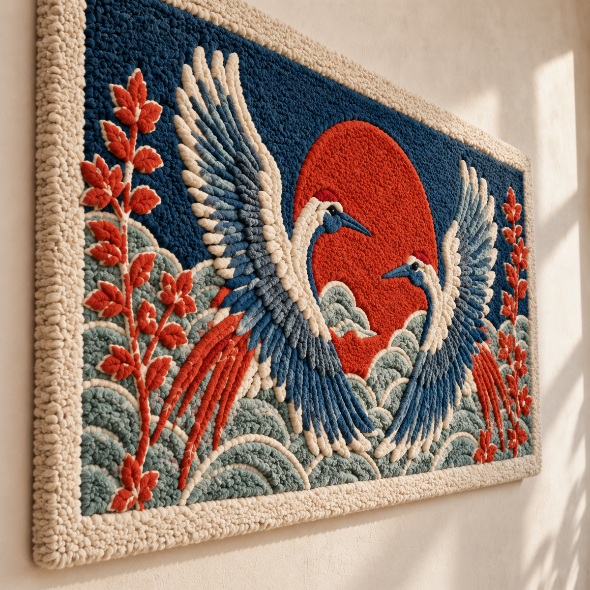 Hewn Earth Twin Cranes Vermilion Horizon wall art featuring twin cranes against a vibrant sunset sky.
