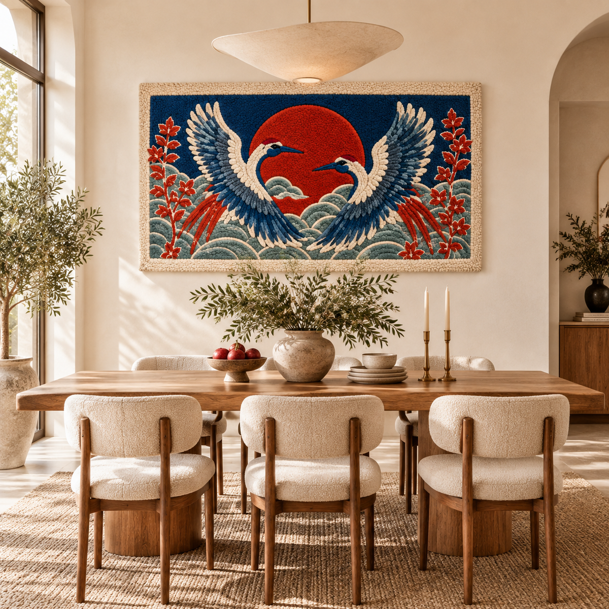 Hewn Earth Twin Cranes Vermilion Horizon wall art hanging in a modern room with neutral decor and natural lighting.