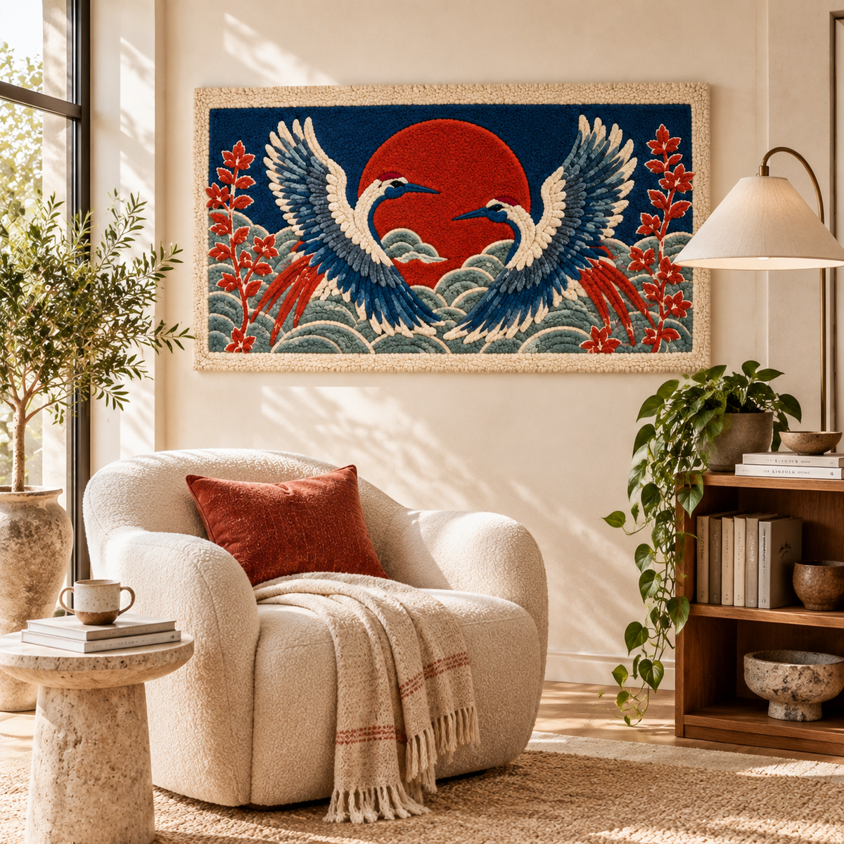 Twin Cranes Vermilion Horizon wall art by Hewn Earth, featuring two cranes against a vibrant sunset scene in a modern room setting.