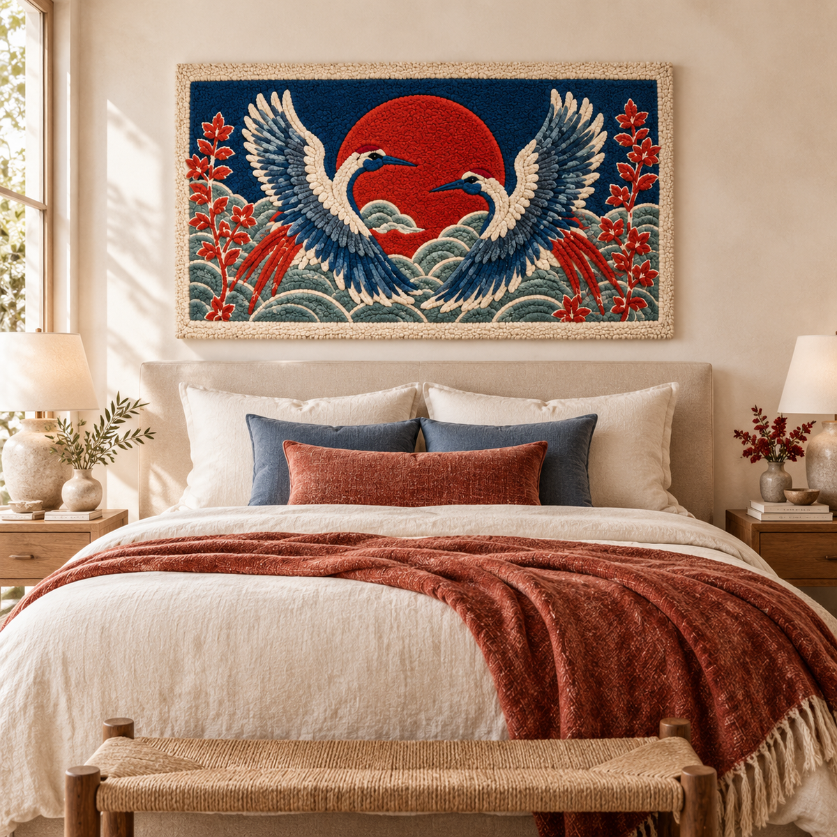 Hewn Earth Twin Cranes Vermilion Horizon wall art hanging in a modern room, featuring vibrant red cranes against a sunset background.
