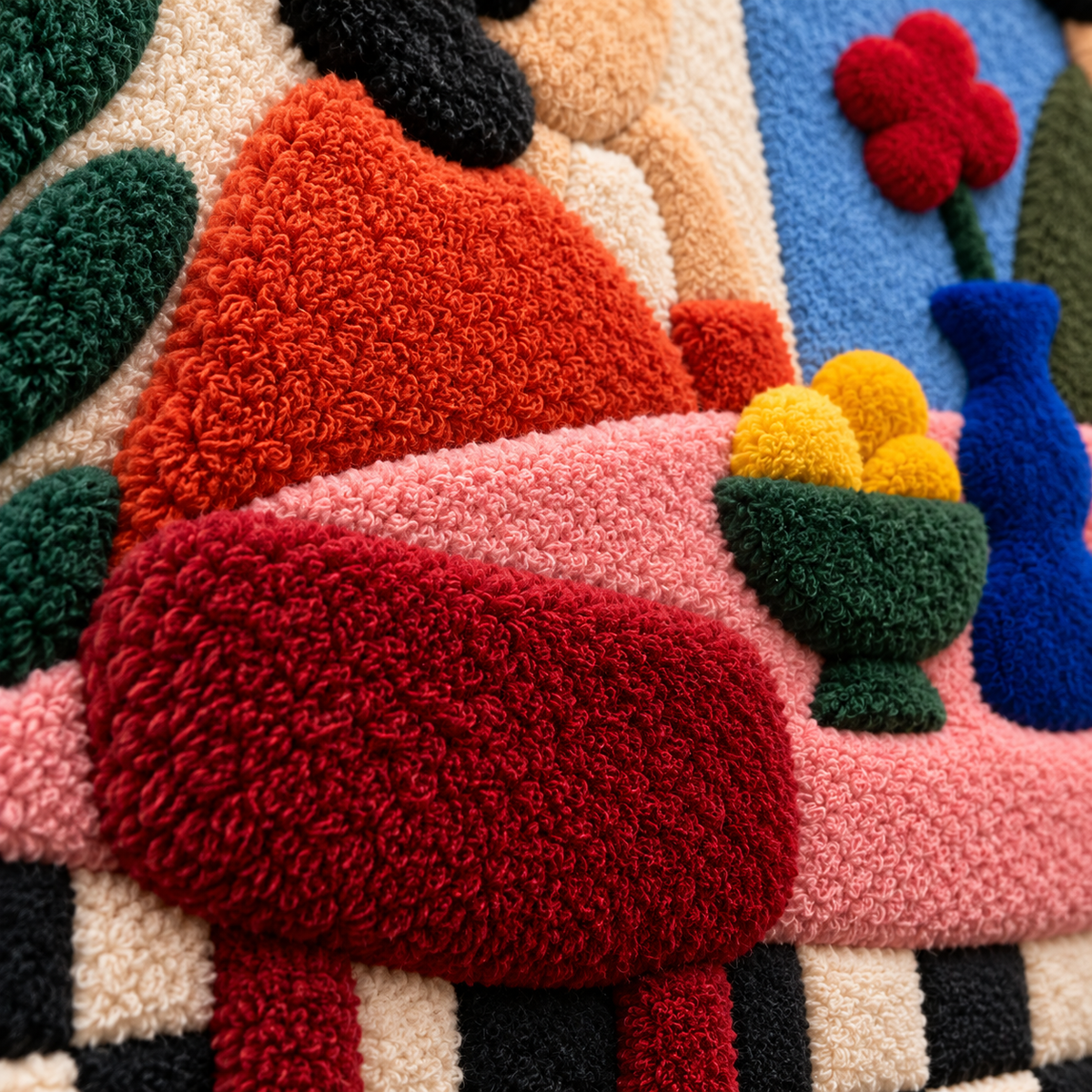 Two at the Pink Cafe Table — tufted wool texture detail