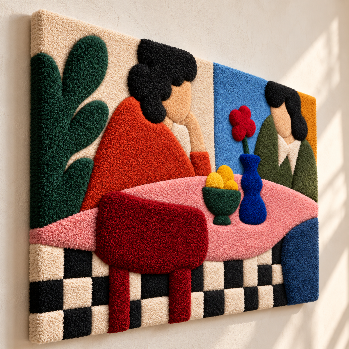 Two at the Pink Cafe Table — angled relief view