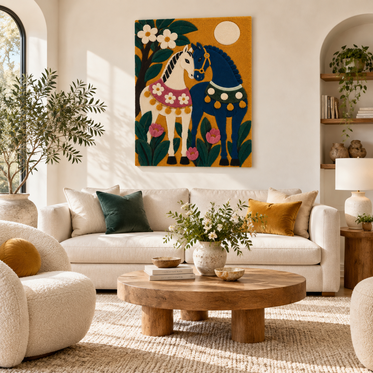 Hewn Earth wall art featuring two horses surrounded by blooming flowers, displayed in a room setting.