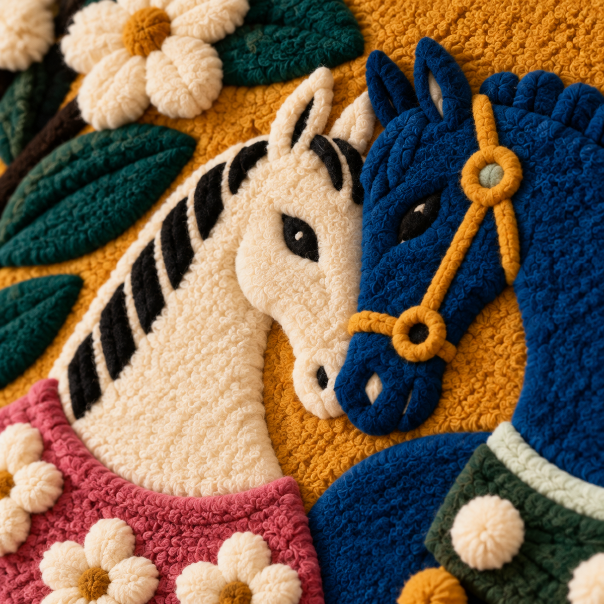 Two Horses in Bloom — tufted wool texture detail