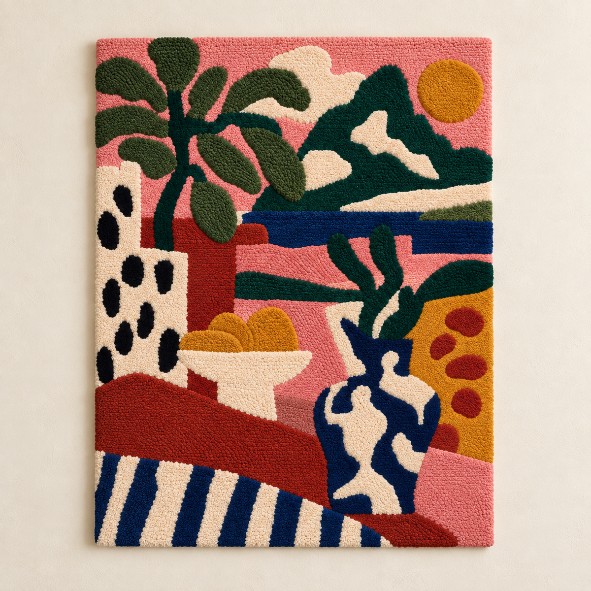 Hewn Earth wall art featuring vases on a sunlit terrace, showcasing vibrant colors and detailed textures in a scenic outdoor setting.
