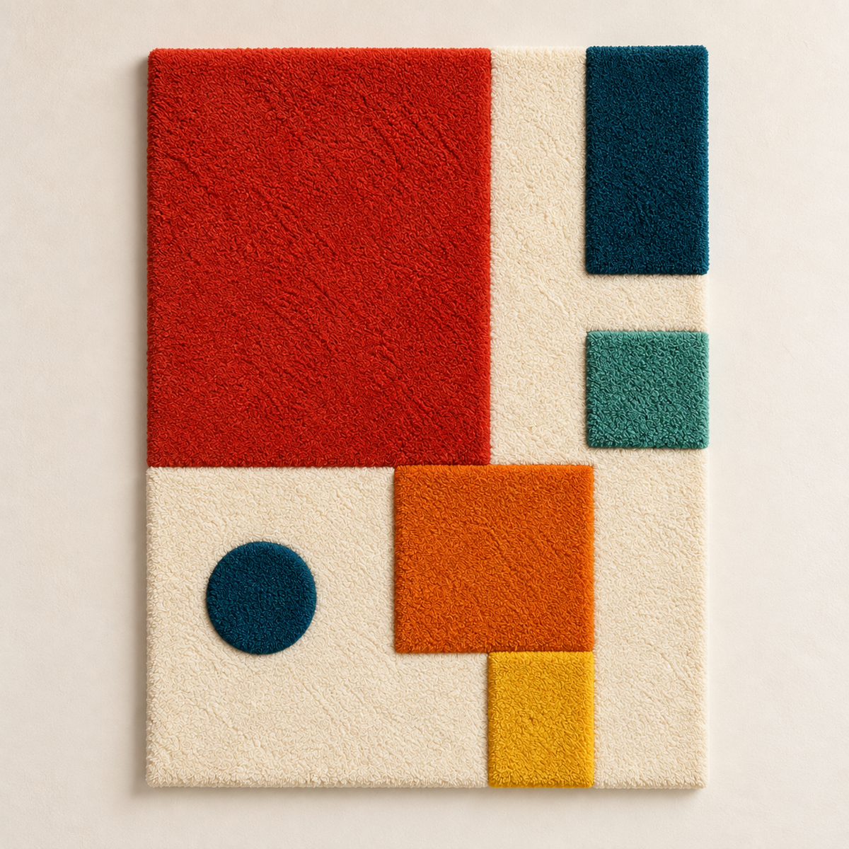 Hewn Earth wall art featuring vibrant vermilion blocks and a blue dot, modern abstract design for wall decor.
