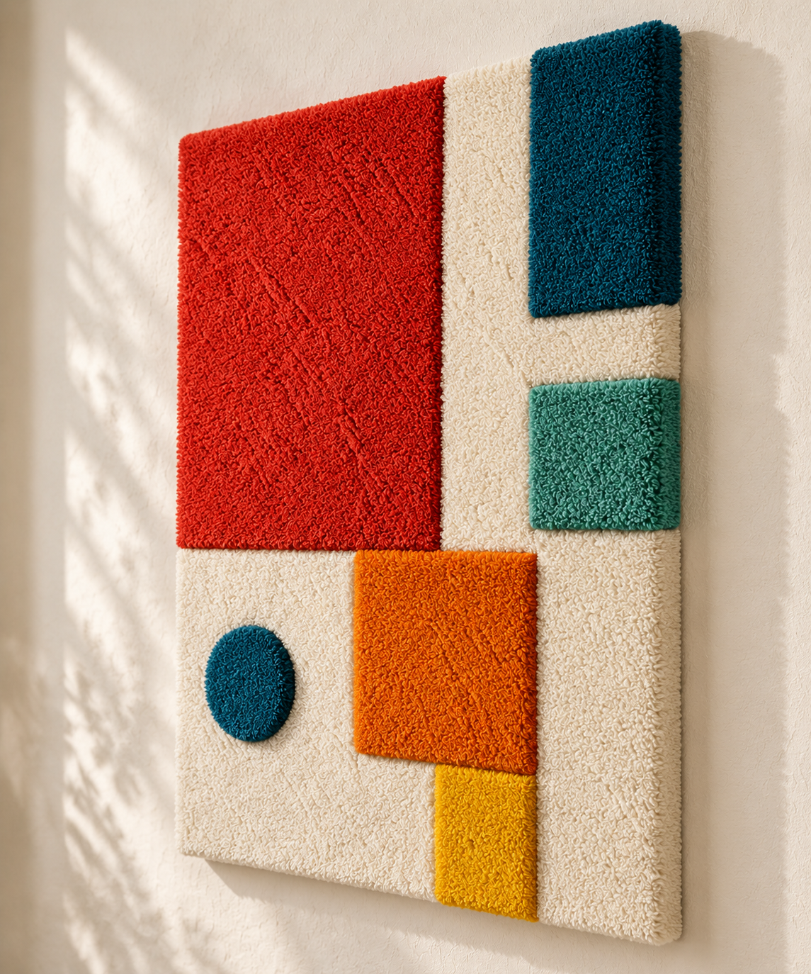 Hewn Earth wall art featuring vivid vermilion blocks and a blue dot, modern geometric design for contemporary decor.