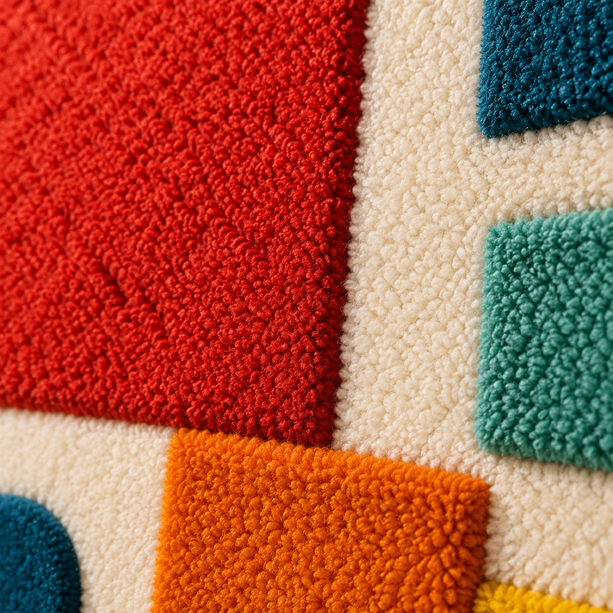Hewn Earth wall art featuring vibrant vermilion blocks and a blue dot, abstract design on a textured surface.