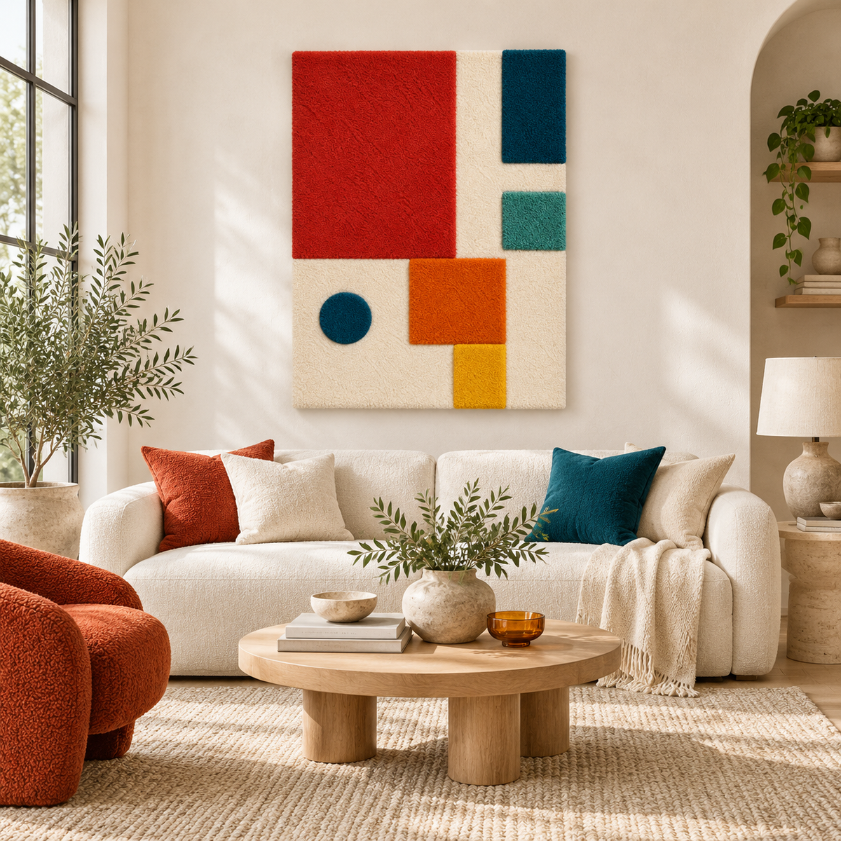 Hewn Earth wall art featuring vibrant vermilion blocks and a blue dot on a modern, minimalist room wall.