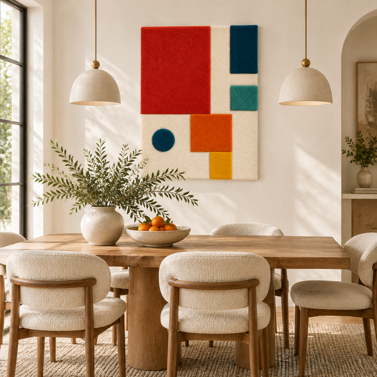 Hewn Earth wall art featuring vibrant vermilion blocks and a blue dot on a modern room wall.