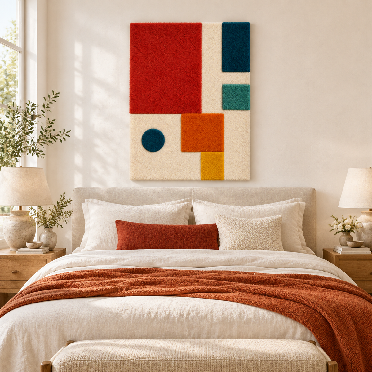 Hewn Earth wall art featuring vibrant vermilion blocks and a blue dot on a neutral background, modern geometric design.