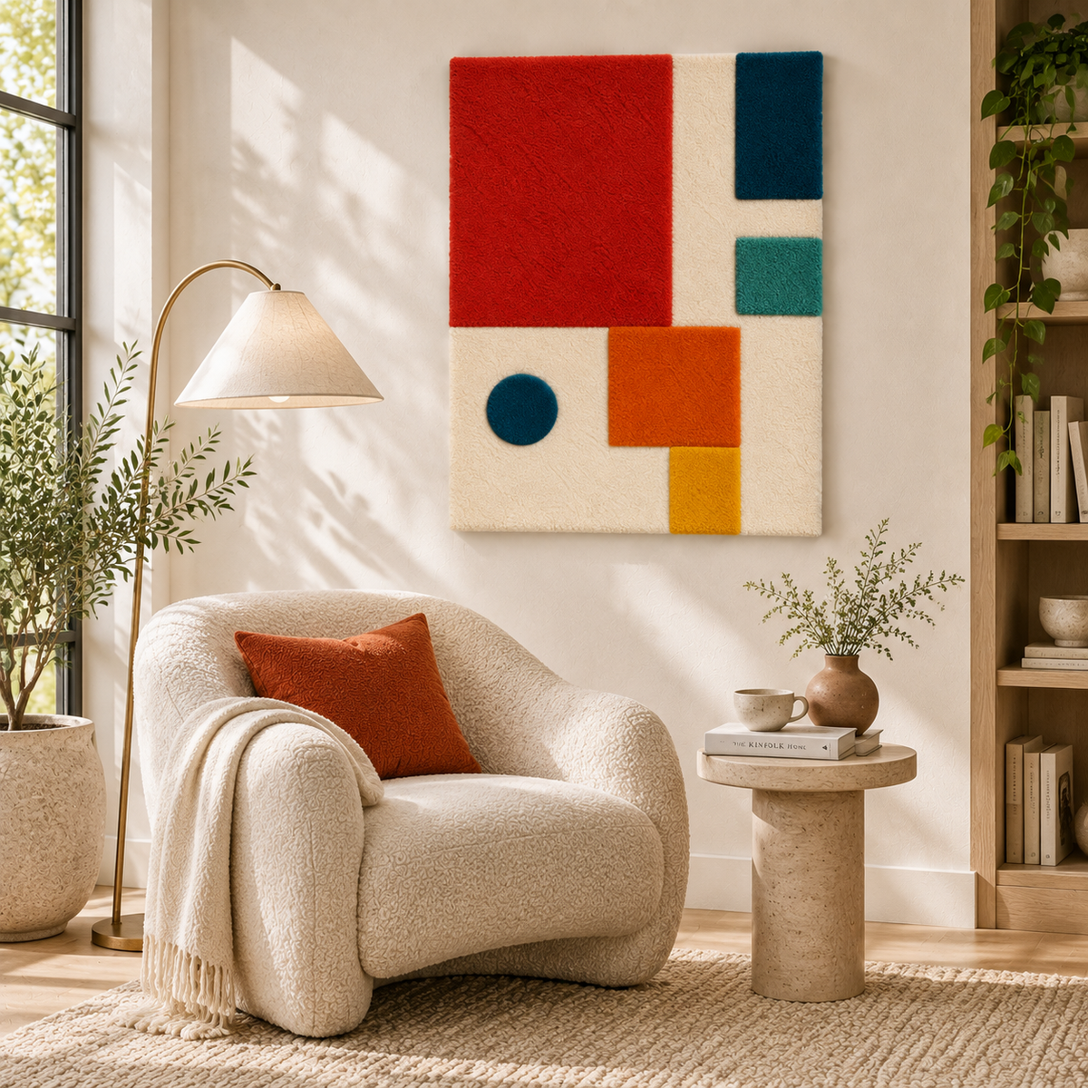 Hewn Earth wall art featuring vibrant vermilion blocks and a blue dot, modern geometric design for contemporary interior decor.