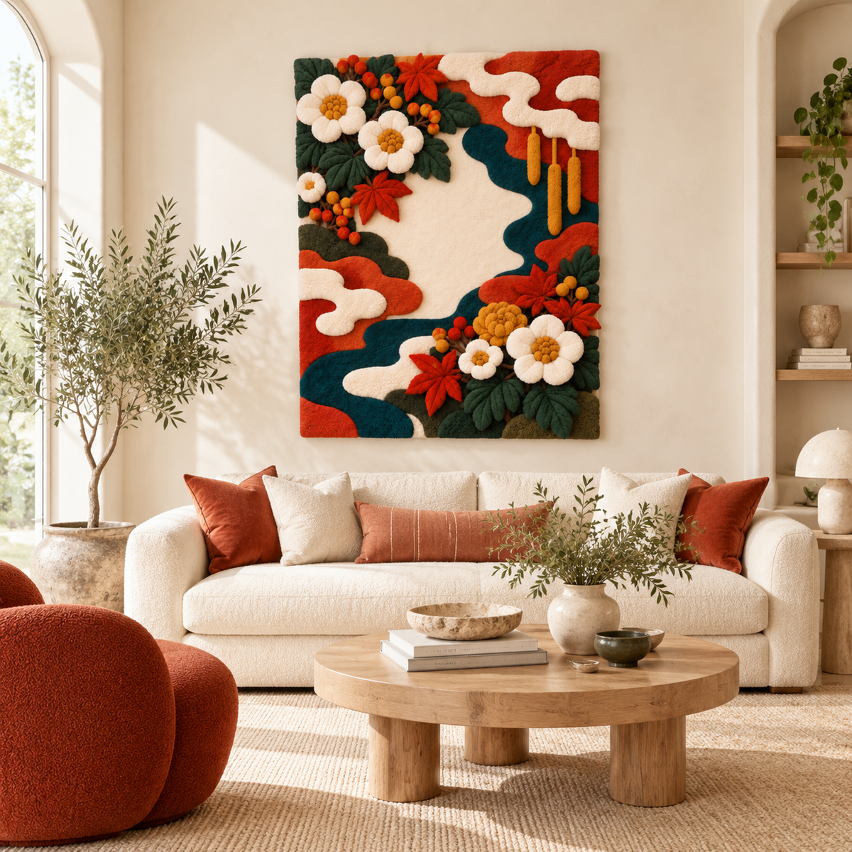 Vermilion Clouds and Camellias — front-facing room scene